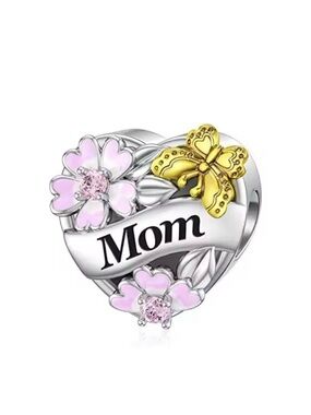Mom Heart Charm with Pink Flowers and Gold Butterfly